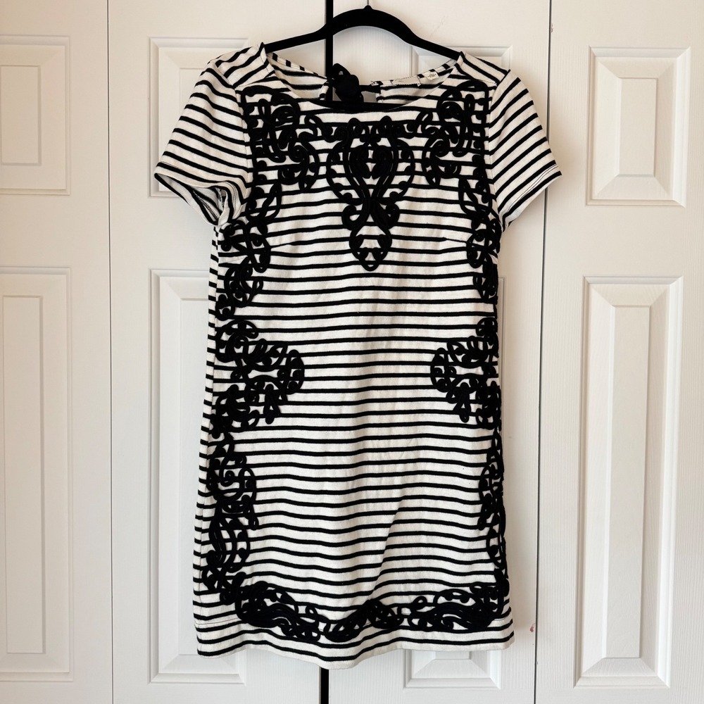 Anthropologie Postmark‎ Striped Embroidered Shift Dress Black White Small
